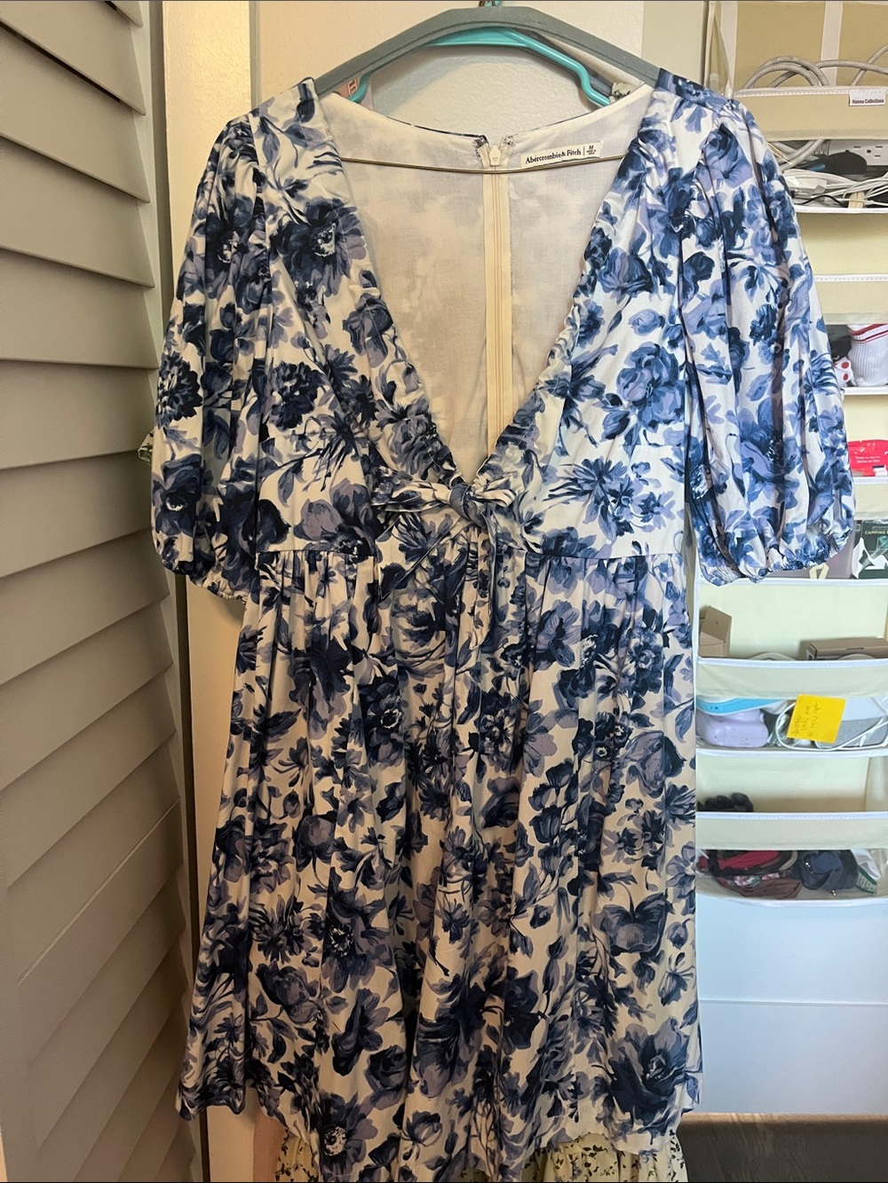 Abercrombie & Fitch White Dress with Blue Floral Print, V-Neck Midi